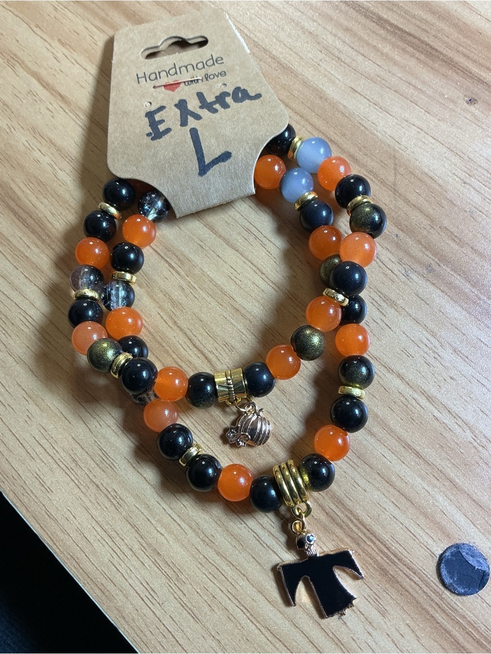 Handmade Orange & Black Beaded Stretch Bracelet Set with Gold Accents